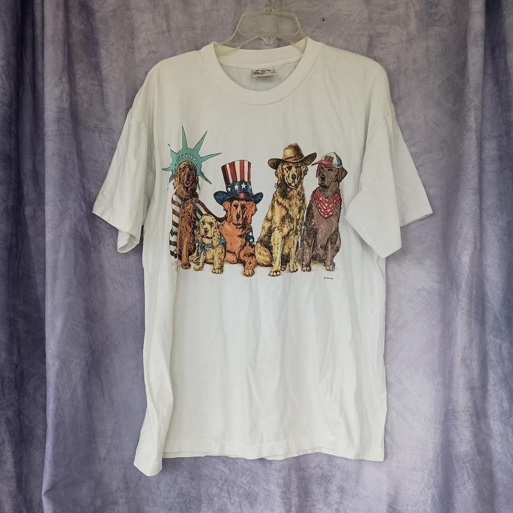 Vintage 90s American Patriot Dogs Graphic T-Shirt Made in USA Double Sided